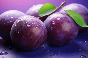 AI generated Plum fruit on violet bright background with water drops. Generative AI photo