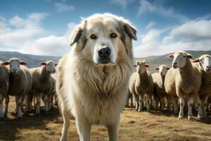 AI generated Shepherd dog guarding and leading the sheep flock on a summer day. Generative AI photo