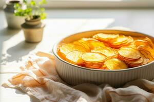 AI generated Homemade creamy scalloped potatoes baked in a baking dish with butter and cream. Generative AI photo