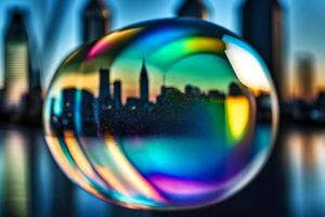 AI generated a colorful bubble with a city skyline in the background photo