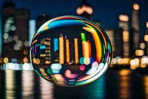 AI generated a colorful bubble with city lights in the background photo