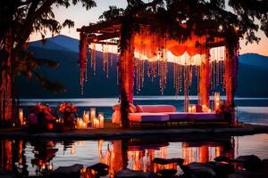 ai generado un Kiosko con velas y linternas en el agua a puesta de sol foto