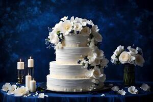 ai generado un blanco Boda pastel con azul flores y velas foto