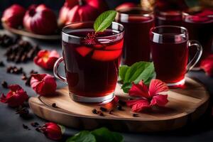 AI generated red tea with fresh flowers and spices photo