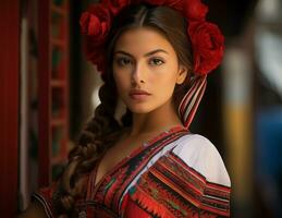 AI generated Latin American, Mexican girl in a national costume on the street of a Latin American city on sunny day. National Festival. Photorealistic, background with bokeh effect. AI generated. photo