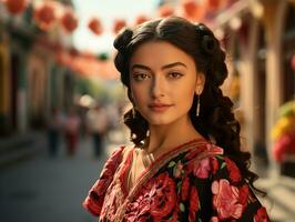 AI generated Latin American, Mexican girl in a national costume on the street of a Latin American city on sunny day. National Festival. Photorealistic, background with bokeh effect. AI generated. photo