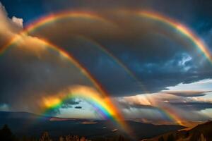 ai generado un arco iris aparece terminado un montaña rango con nubes foto