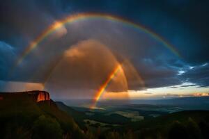 ai generado un doble arco iris terminado un montaña con un Valle en el antecedentes foto