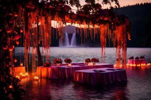 ai generado un Boda mesa conjunto arriba en el agua con velas y flores foto