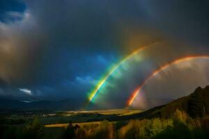 ai generado dos arcoiris son visto en el cielo terminado un Valle foto