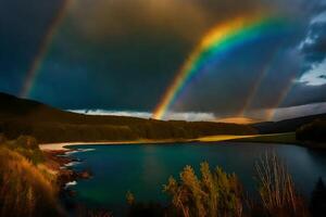 AI generated a rainbow over a lake and mountains photo