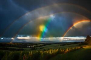 ai generado un arco iris terminado un campo con arboles y colinas foto