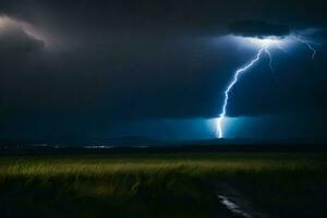 AI generated lightning strikes over a field in the dark photo