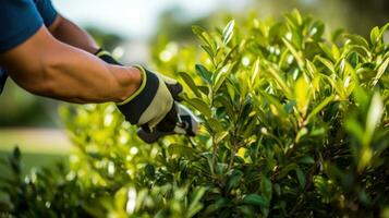 AI generated gardener pruning a bush with a pair of shears photo