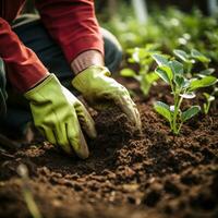 AI generated gardener using a trowel to plant a seedling in a pot with a vibrant, green background photo