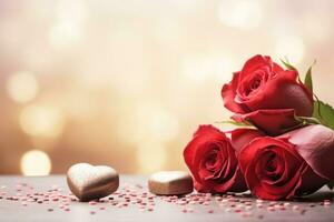 AI generated Dreamy Valentine's Day scene with roses, chocolates, and ample copy space photo