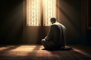 AI generated the man kneels in quiet and praying by the window photo