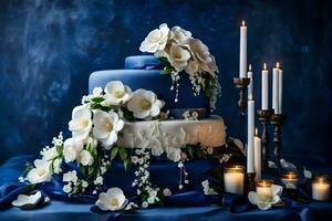 ai generado un azul Boda pastel con blanco flores y velas foto