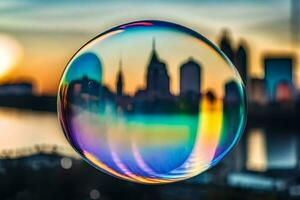 ai generado un jabón burbuja con un ciudad horizonte en el antecedentes foto