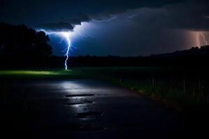 AI generated lightning strikes over a road in the dark photo