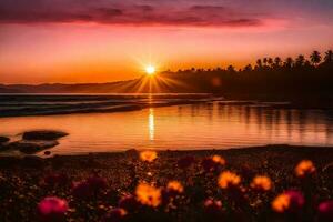 ai generado el Dom es ajuste terminado un playa con flores foto