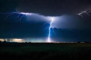 AI generated lightning strikes over a field in the dark photo