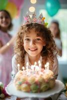 AI generated A young girl blowing out candles on a cake surrounded by her friends photo