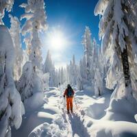 ai generado un snowboarder navegando mediante un bosque de cubierto de nieve arboles foto