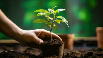 AI generated gardener using a trowel to plant a seedling in a pot with a vibrant, green background photo