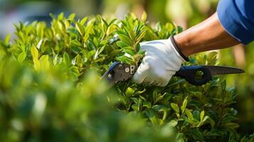 AI generated gardener pruning a bush with a pair of shears photo