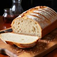 AI generated Breaking open a loaf of fresh bread reveals its tender crumb, speckled with air pockets photo