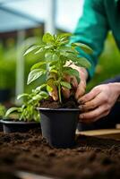 AI generated gardener using a trowel to plant a seedling in a pot with a vibrant, green background photo