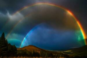 ai generado un arco iris aparece terminado un montaña rango con arboles y césped foto