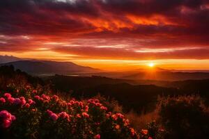 ai generado el Dom conjuntos terminado un hermosa paisaje con rosado flores foto