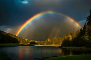 ai generado un arco iris terminado un lago en el bosque foto