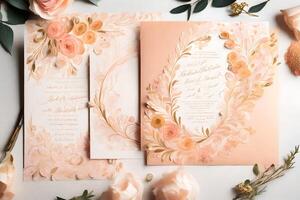 ai generado un Boda invitación con rosado flores y oro hojas foto