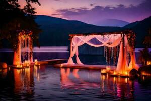 AI generated a wedding ceremony set up on the water at sunset photo