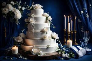 ai generado un Boda pastel con blanco flores en un azul antecedentes foto