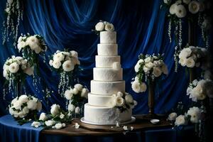 ai generado un Boda pastel en un azul mesa con flores foto