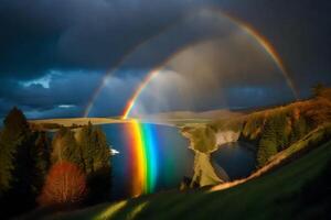 ai generado un arco iris es visto terminado un lago y bosque foto