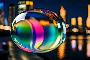 AI generated a colorful bubble with a city skyline in the background photo