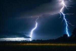 AI generated lightning strikes over a field at night photo