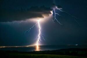 AI generated lightning strikes over a body of water and a cloud photo