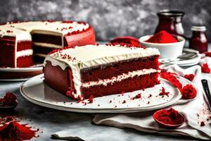 AI generated a red velvet cake with a slice taken out photo
