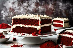 AI generated a slice of red velvet cake on a white plate photo