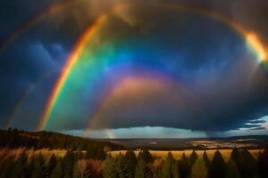 AI generated a rainbow appears over a field with trees and mountains photo