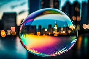 AI generated a colorful bubble with city lights in the background photo