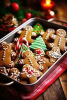 ai generado bandeja lleno con recién horneado galletas en forma de Navidad árboles, pan de jengibre hombres, y caramelo bastones foto