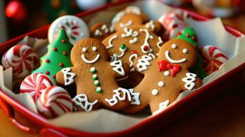 ai generado bandeja lleno con recién horneado galletas en forma de Navidad árboles, pan de jengibre hombres, y caramelo bastones foto