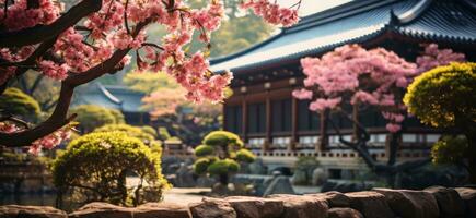 AI generated japanese architecture and flowers in spring tree in japan photo